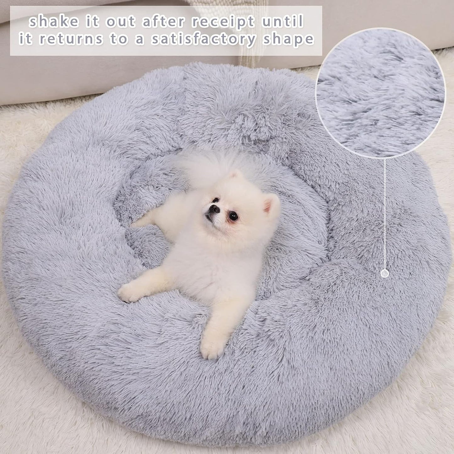 Calming Dog Bed for Small Dog&Cat,Comfy Self Warming round Dog Bed with Fluffy Faux Fur for anti Anxiety and Cozy (20 X 20 Inch, Grey)