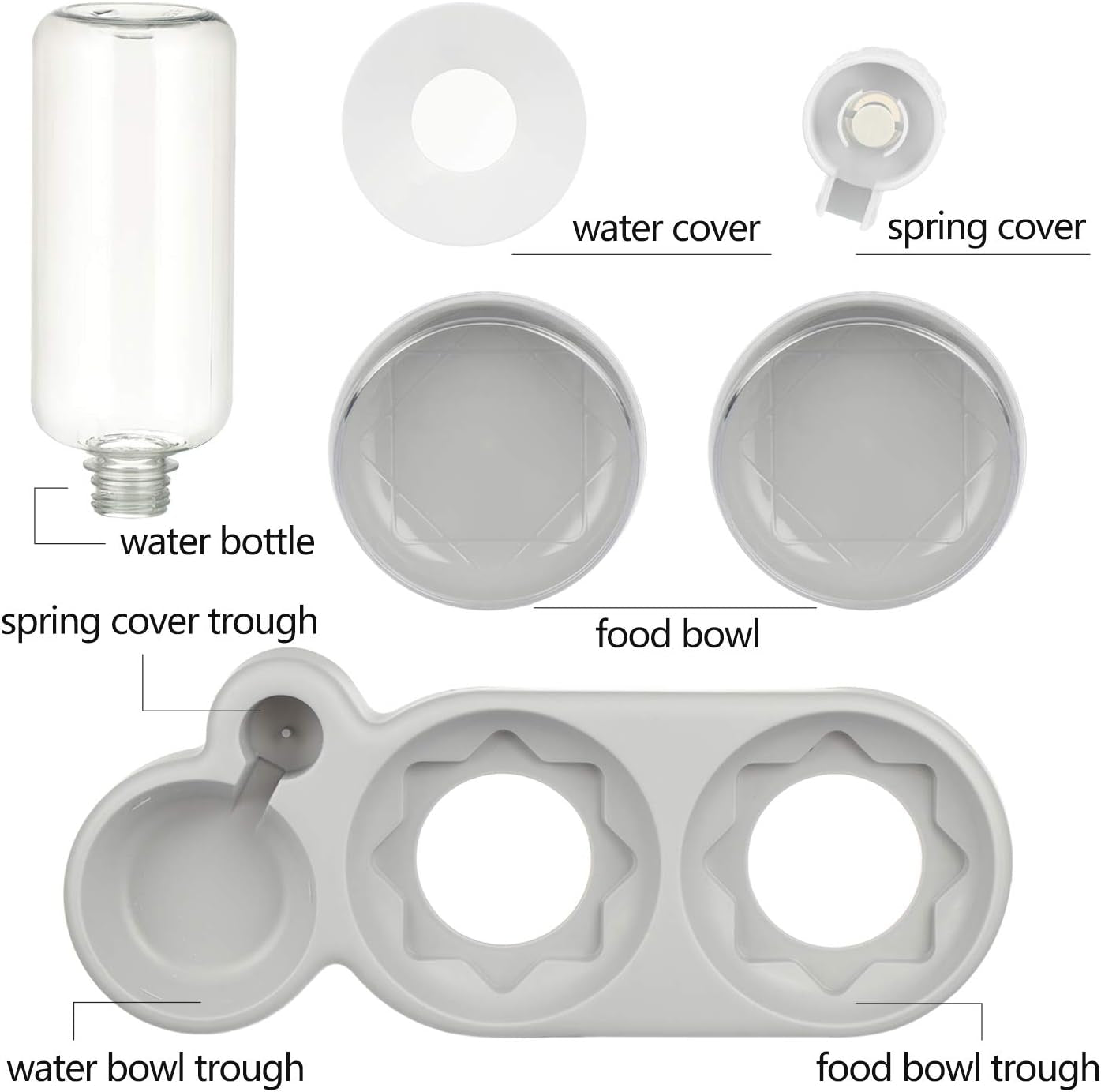 Triple Dog Cat Bowls Automatic Pet Feeder 15°Tilt and 360°Rotatable Double Food Bowl with Automatic Water Bottle Bowl Detachable Small and Medium Dogs and Cats Use (Grey)