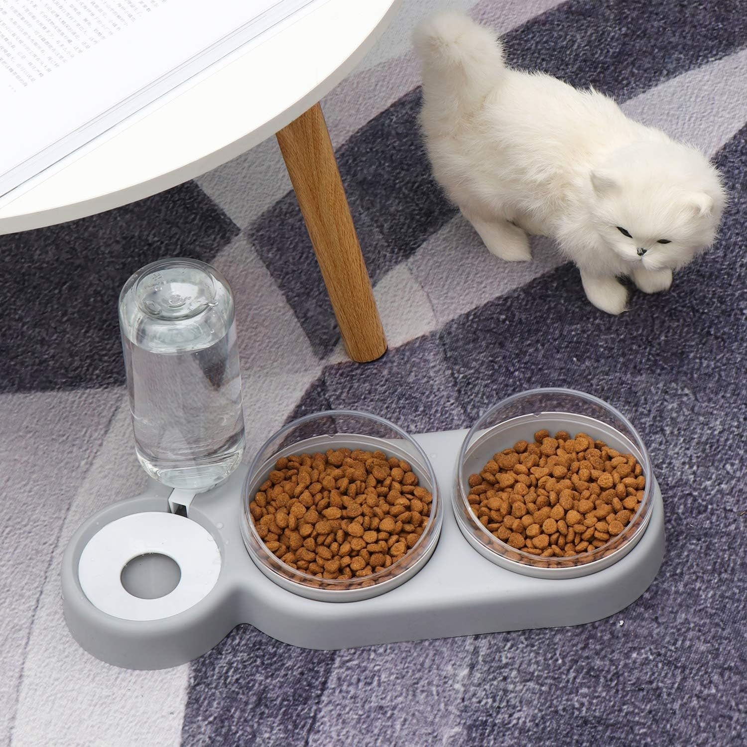 Triple Dog Cat Bowls Automatic Pet Feeder 15°Tilt and 360°Rotatable Double Food Bowl with Automatic Water Bottle Bowl Detachable Small and Medium Dogs and Cats Use (Grey)