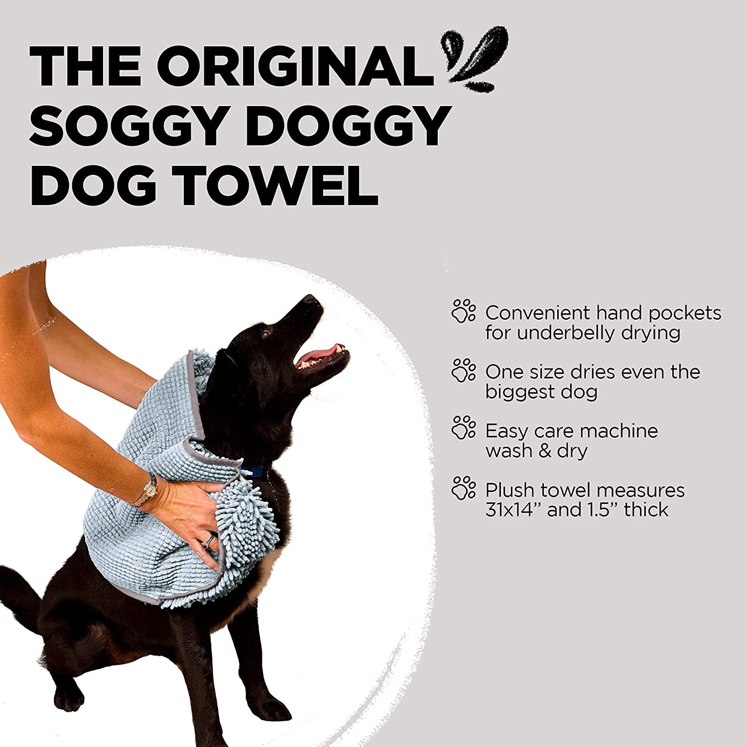 Soggy Doggy Super Shammy Dog Towel | Gray | 31” X 14” | Microfiber Chenille Towel for Drying Dogs and Cleaning Paws | Fast Drying with Hand Pockets for Ease
