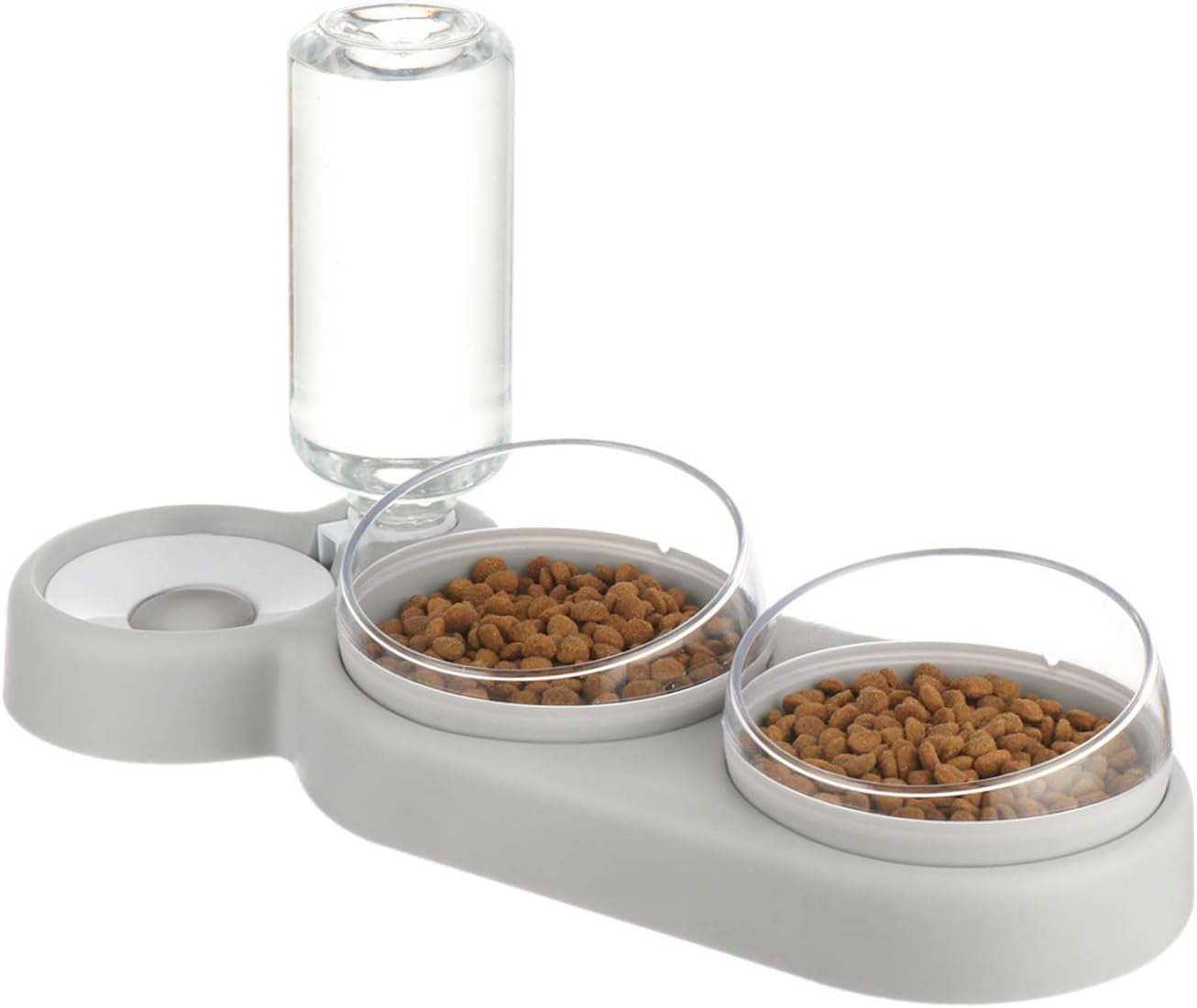 Triple Dog Cat Bowls Automatic Pet Feeder 15°Tilt and 360°Rotatable Double Food Bowl with Automatic Water Bottle Bowl Detachable Small and Medium Dogs and Cats Use (Grey)
