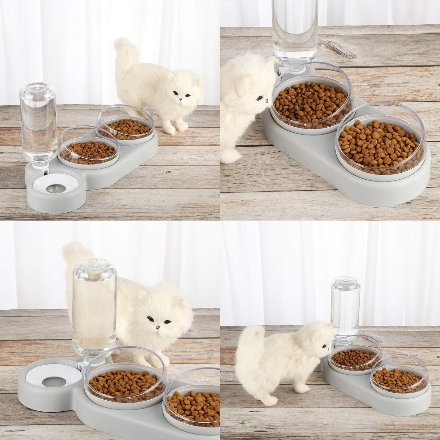Triple Dog Cat Bowls Automatic Pet Feeder 15°Tilt and 360°Rotatable Double Food Bowl with Automatic Water Bottle Bowl Detachable Small and Medium Dogs and Cats Use (Grey)