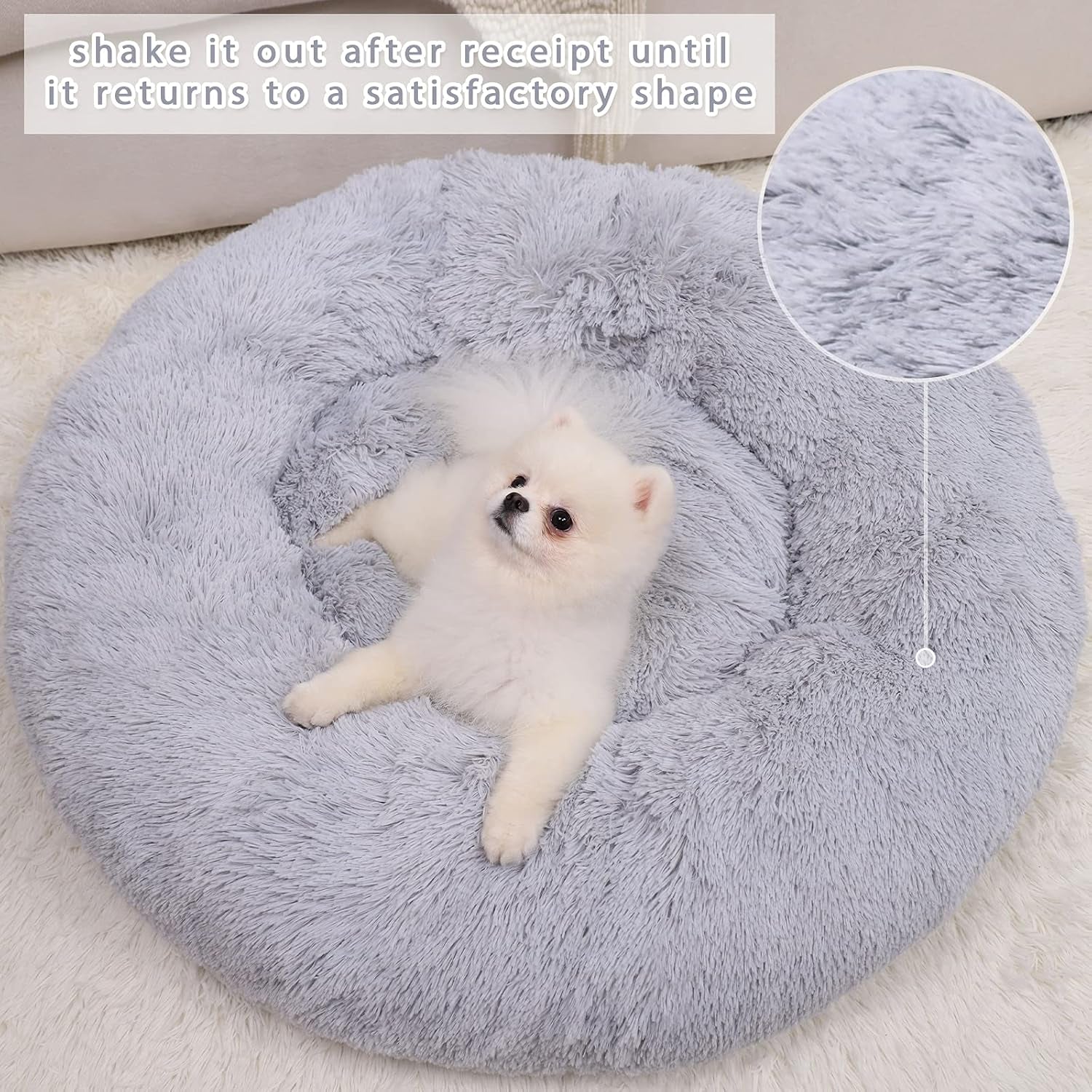 Calming Dog Bed for Small Dog&Cat,Comfy Self Warming round Dog Bed with Fluffy Faux Fur for anti Anxiety and Cozy (20 X 20 Inch, Grey)