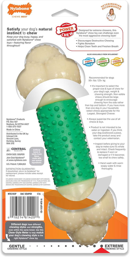 Double Action Bone Power Chew Toy for Dogs, Dog Toys for Aggressive Chewers, Bacon Flavor, X-Large - 50+ Lbs, 1 Count