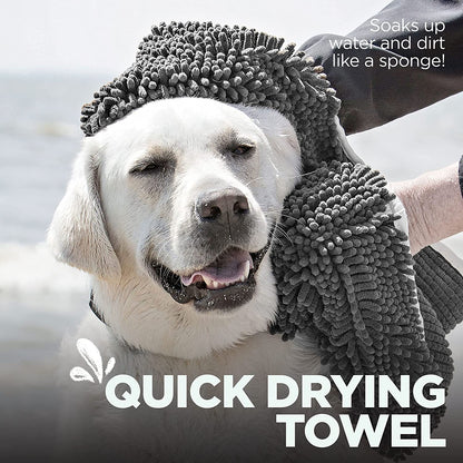 Soggy Doggy Super Shammy Dog Towel | Gray | 31” X 14” | Microfiber Chenille Towel for Drying Dogs and Cleaning Paws | Fast Drying with Hand Pockets for Ease