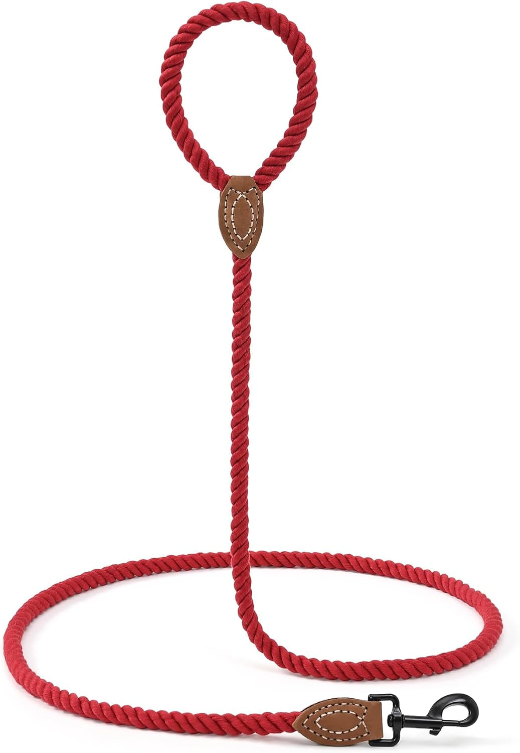 Dog Leash, Braided Cotton Rope Leashes with Leather Tailor Tip with Leather Tip - Heavy Duty Metal Clasp, 5FT, 1/2" Thick - Wedding, Walking Leash for Medium Large Dogs(Red)