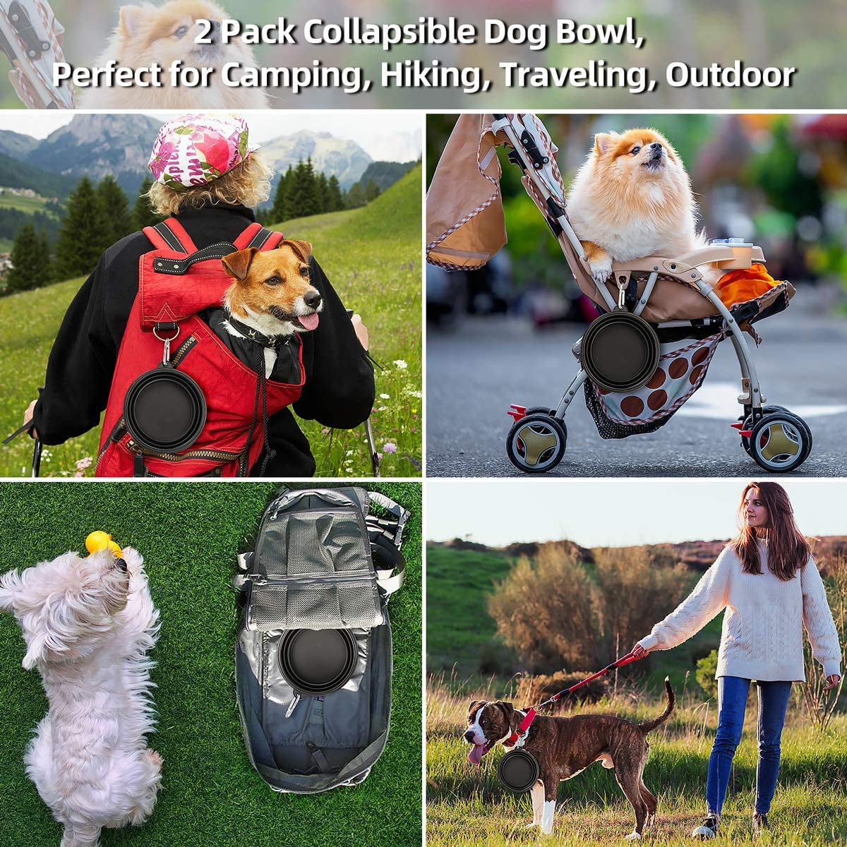 Large Collapsible Dog Bowls 2 Pack, 34Oz Foldable Dog Travel Bowl, Portable Pet Water Food Bowl with Clasp, Pet Cat Feeding Cup Dish for Traveling, Walking, Hiking (Black+Balck)