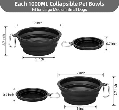 Large Collapsible Dog Bowls 2 Pack, 34Oz Foldable Dog Travel Bowl, Portable Pet Water Food Bowl with Clasp, Pet Cat Feeding Cup Dish for Traveling, Walking, Hiking (Black+Balck)