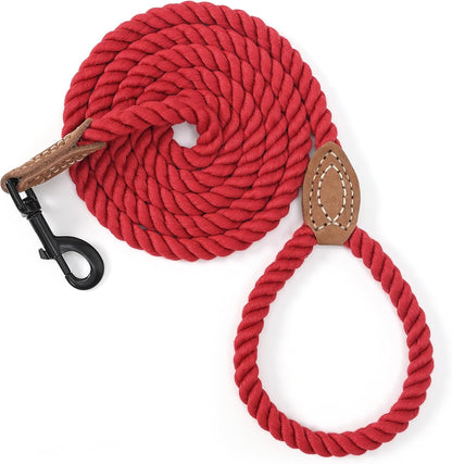 Dog Leash, Braided Cotton Rope Leashes with Leather Tailor Tip with Leather Tip - Heavy Duty Metal Clasp, 5FT, 1/2" Thick - Wedding, Walking Leash for Medium Large Dogs(Red)