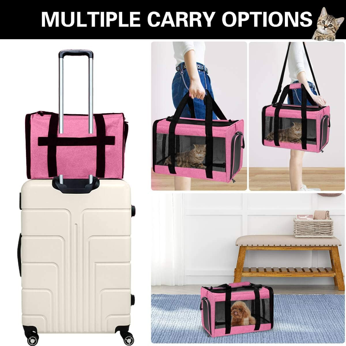 Large Cat Carriers Dog Carrier Pet Carrier for Large Cats Dogs Puppies up to 25 Lbs, Big Dog Carrier Soft Sided, Collapsible Travel Puppy Carrier - Large Rose