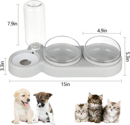 Triple Dog Cat Bowls Automatic Pet Feeder 15°Tilt and 360°Rotatable Double Food Bowl with Automatic Water Bottle Bowl Detachable Small and Medium Dogs and Cats Use (Grey)