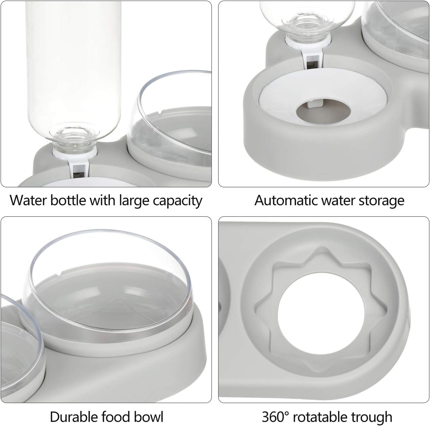 Triple Dog Cat Bowls Automatic Pet Feeder 15°Tilt and 360°Rotatable Double Food Bowl with Automatic Water Bottle Bowl Detachable Small and Medium Dogs and Cats Use (Grey)