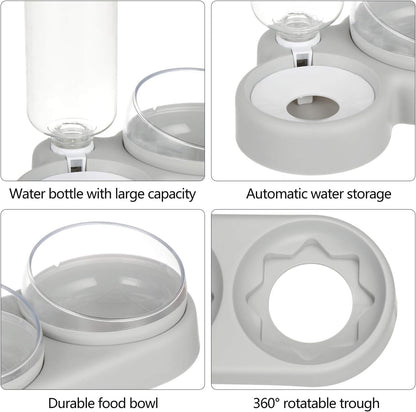 Triple Dog Cat Bowls Automatic Pet Feeder 15°Tilt and 360°Rotatable Double Food Bowl with Automatic Water Bottle Bowl Detachable Small and Medium Dogs and Cats Use (Grey)