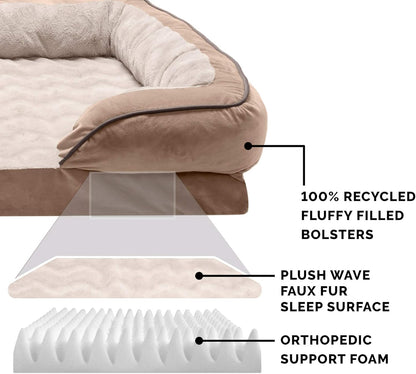 Orthopedic Dog Bed for Large/Medium Dogs W/ Removable Bolsters & Washable Cover, for Dogs up to 55 Lbs - Plush & Velvet Waves Perfect Comfort Sofa - Brownstone, Large