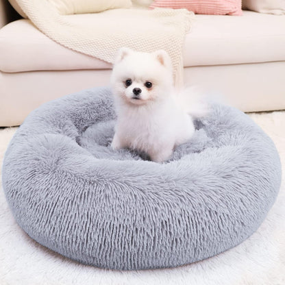 Calming Dog Bed for Small Dog&Cat,Comfy Self Warming round Dog Bed with Fluffy Faux Fur for anti Anxiety and Cozy (20 X 20 Inch, Grey)